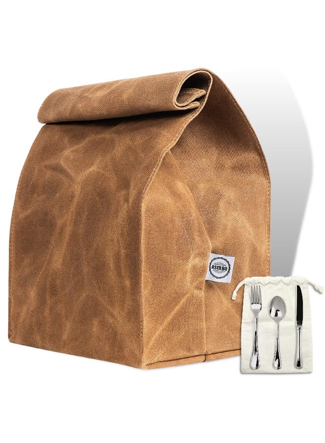 ASEBBO Waxed Canvas Lunch Bag - Reusable Insulated Paper Bag-Style Lunchbox for Adults - Leakproof & Durable Sack Lunch Box for Work, Picnic & Travel - Stylish Brown Bag Cooler with Shoulder Strap - Image 1